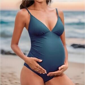 Cupshe Maternity One-Piece Swimsuit Medium Blue V-Neck Ruched Tummy Support